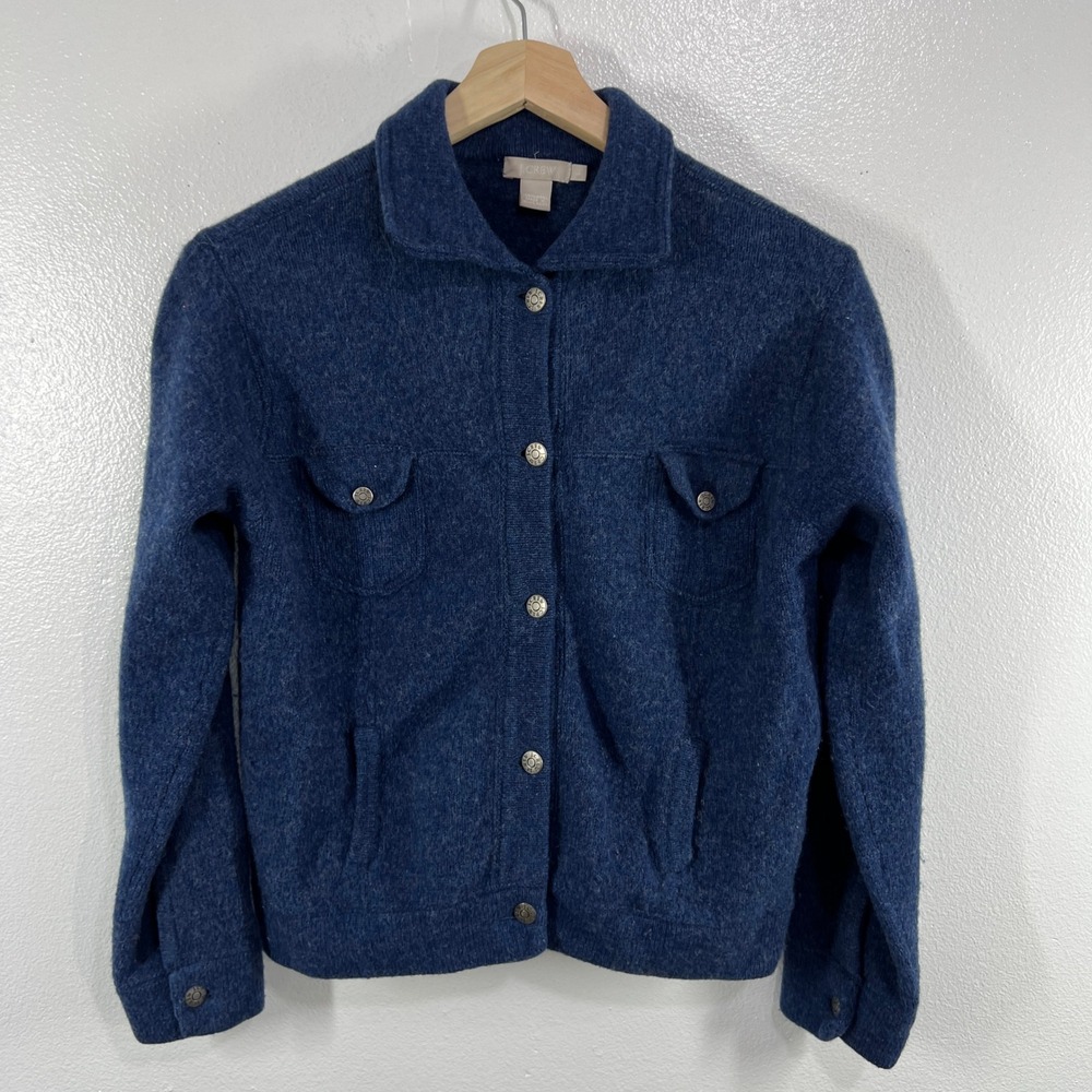J.Crew Wool Bomber Style Jacket Women's Large Navy Button Front‎ Pocket Coat